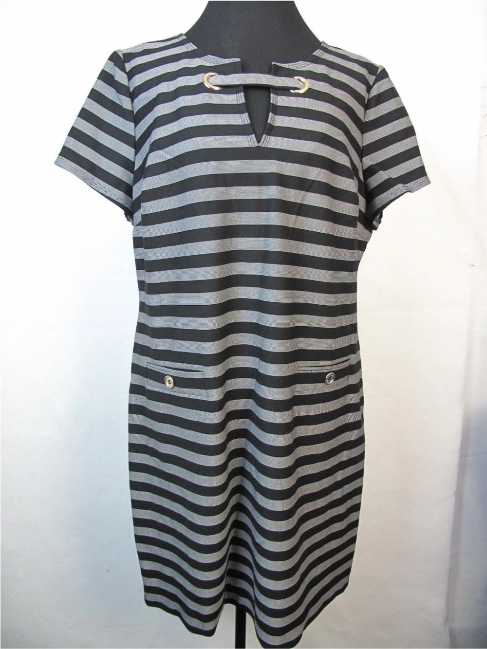 Striped Short Sleeve Mini Dress with Metal-Ring Detail - Black & Gray